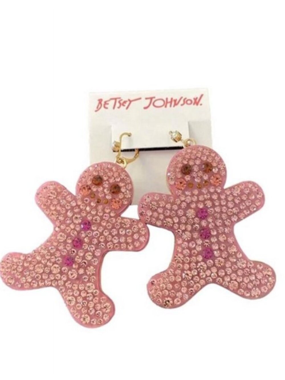 Betsey Johnson Holiday Crystal Gingerbread Cookie Earrings Pink
